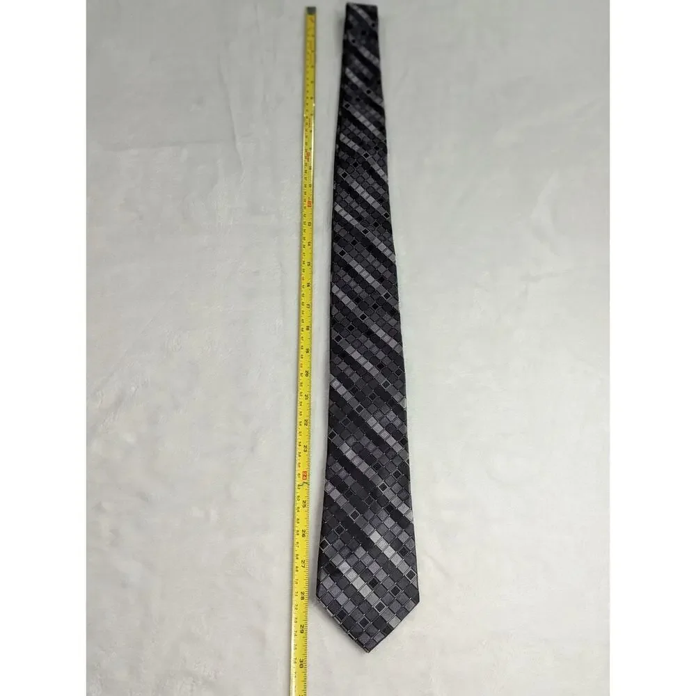 Vintage ck Calvin Klein Silk Necktie Gray Black Checkered Geometric Y2K 3.25